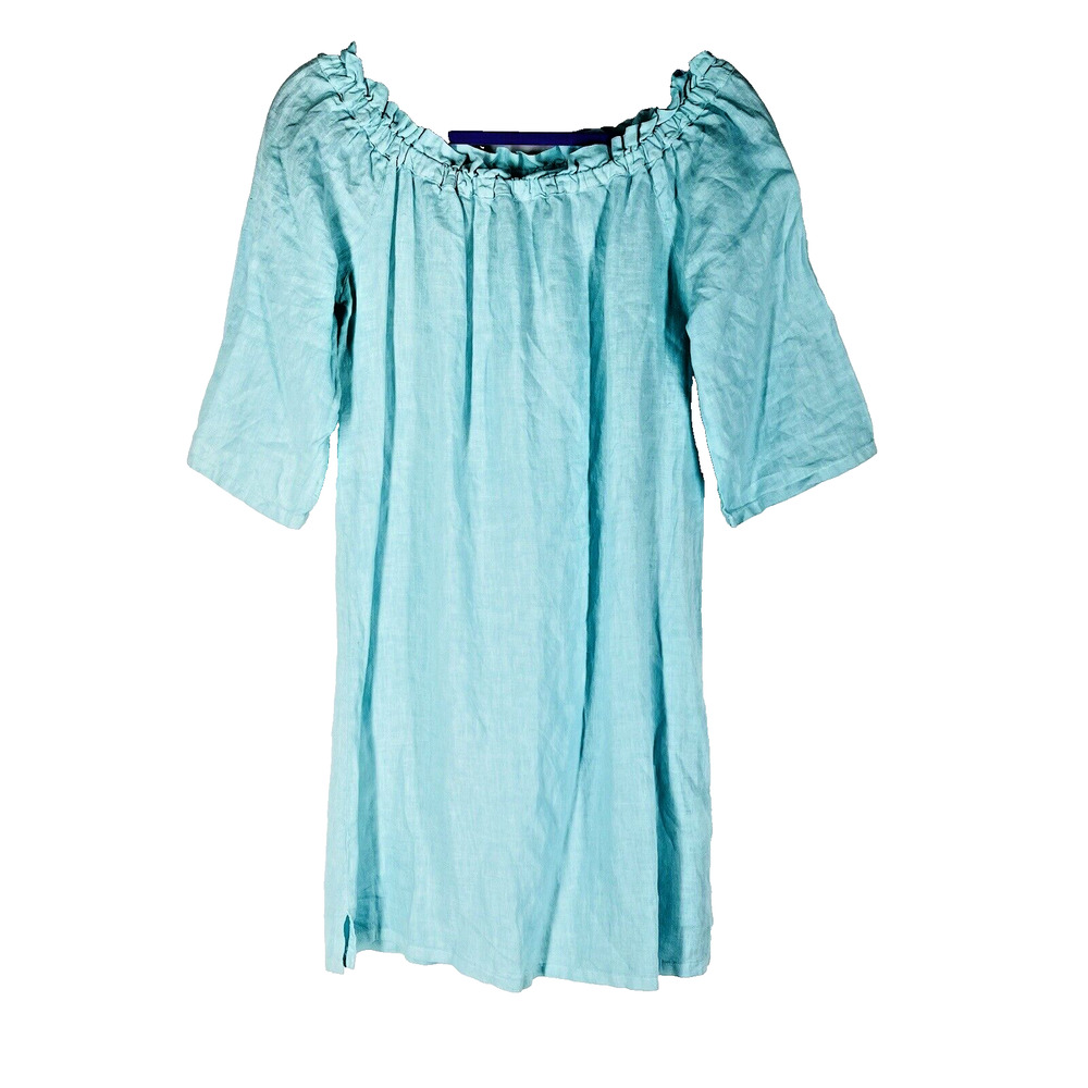 Allen Allen Linen Dress Women XS Aqua Blue Classic Beachy Loose Vacation Shift